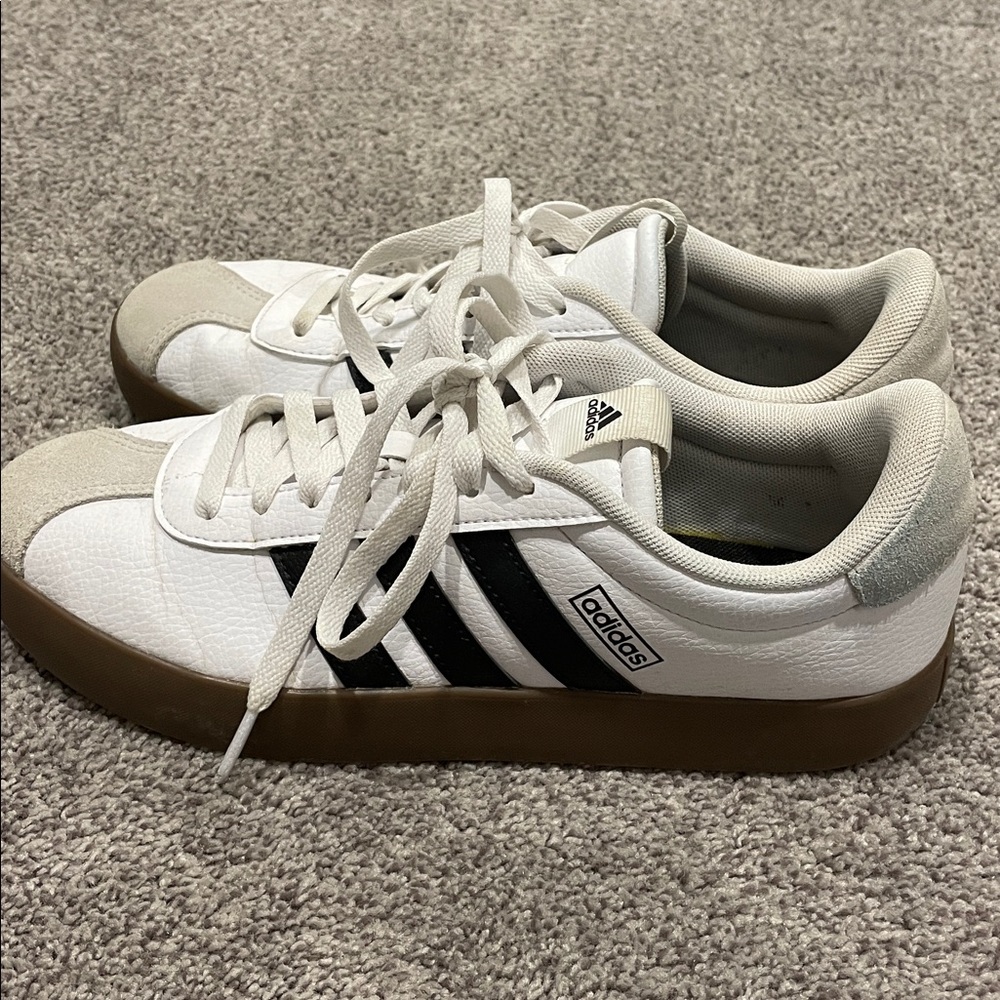 Adidas White and Black Sneakers with Brown Sole